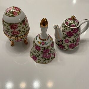 Vintage 3-Piece Mini Porcelain Set Bell, Teapot Egg Trinket Box Floral Small GUC